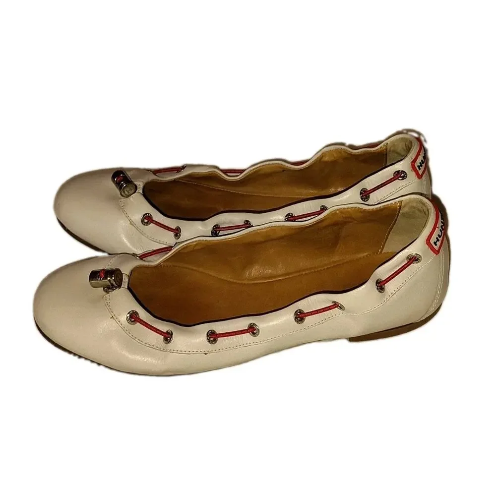 Hunter Leather Cinch Ballet Flats White Red Accent Size 8